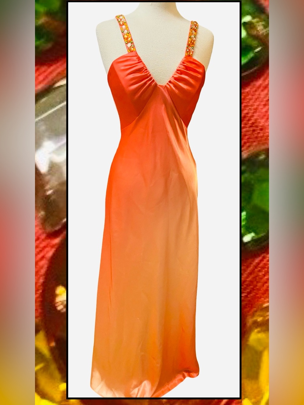 DAVIDS BRIDAL Orange Coral Umbre  
Charmeuse Gown Jeweled Straps Dress Sz 8